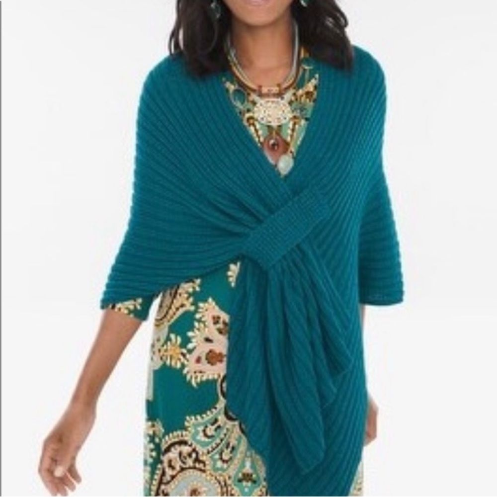Chico's Size S/M Teal Josie Ribbed Knit Wrap Ruana Shawl Scarf